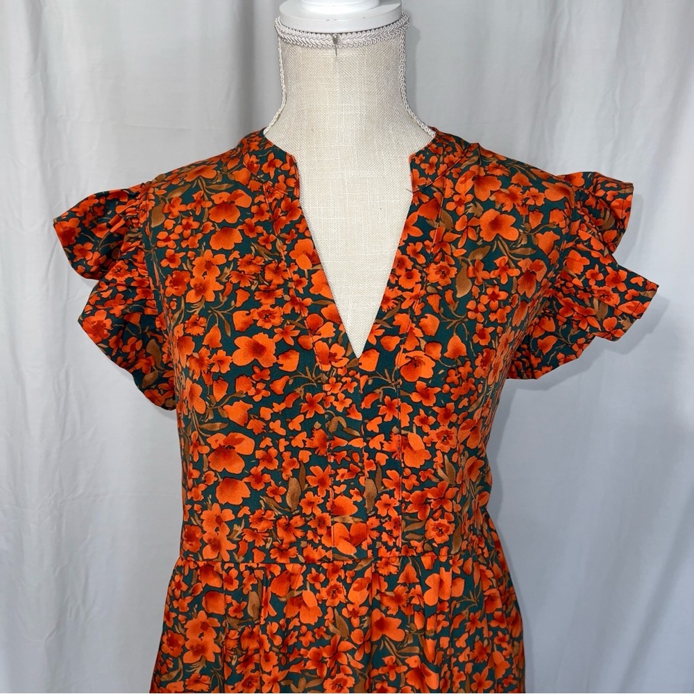 Entro Orange Hunter Green Floral Ruffled Fitted Sundress